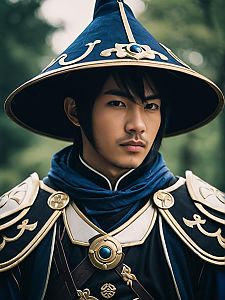 Man in Genshin Impact Zhongli Cosplay Costume Waist Up Editorial Portrait