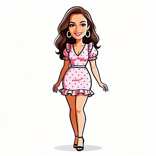 Cartoon Woman in Pink Polka Dot Dress with Pretty Hair and Playful Smile