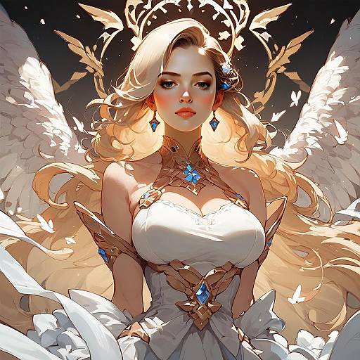 Angelic Woman in White and Gold Armor Digital Fantasy Illustration