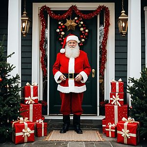 Santa Claus Standing on Festive Porch with Red Christmas Gifts
