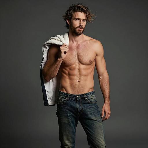 Confident Shirtless Man with Jacket and Jeans Studio Portrait