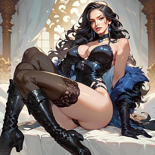 Anime-Style Digital Art of Woman in Black Leather Lingerie