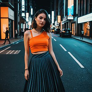 Trendy Woman in Orange Crop Top and Pleated Skirt on Neon-Lit Street