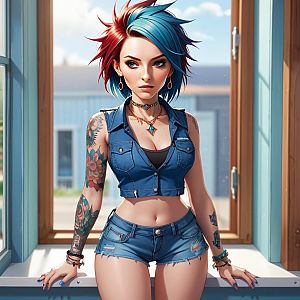 Stylish Young Woman with Red and Blue Hair by Window