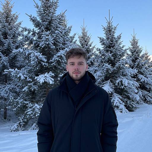 Young Man in Winter Coat Standing in Snowy Pine Forest