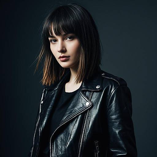 Portrait of Young Woman in Black Leather Jacket with Moody Lighting
