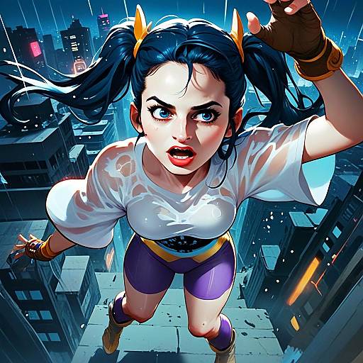 Anime Woman Leaping Over Futuristic Cityscape Night Illustration