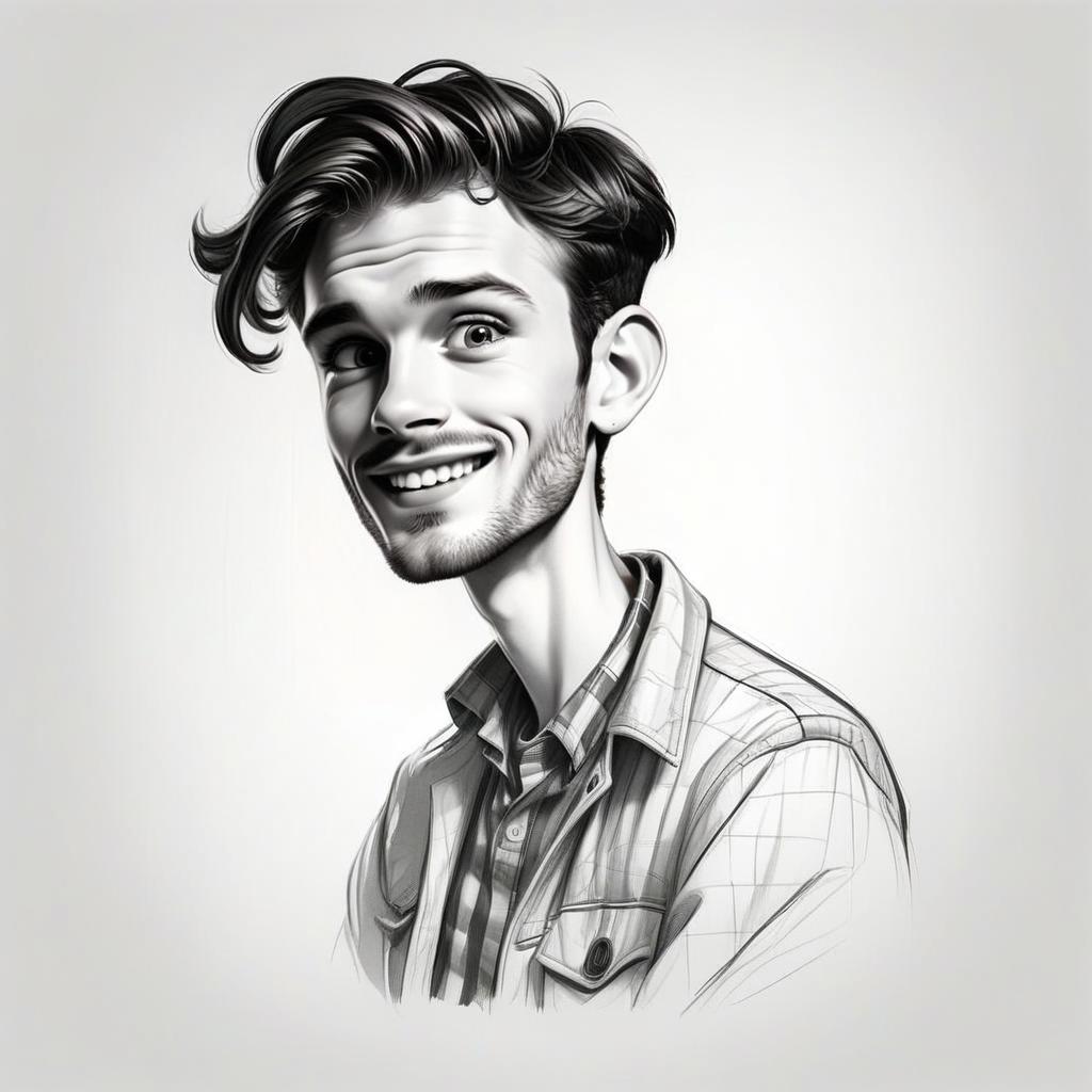 Black and White Caricature of Smiling Young Man