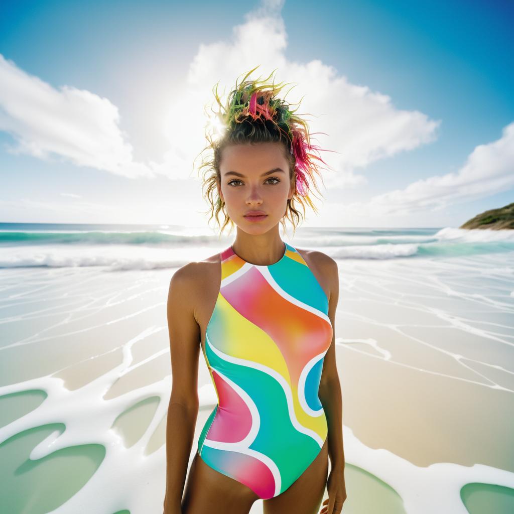 Confident Woman in Colorful Swimsuit on Beach