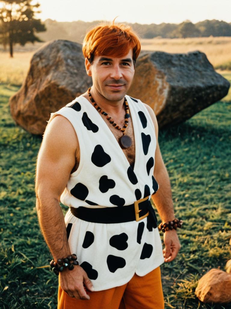 Man in Fred Flintstone Costume Outdoor Cosplay Portrait Golden Hour