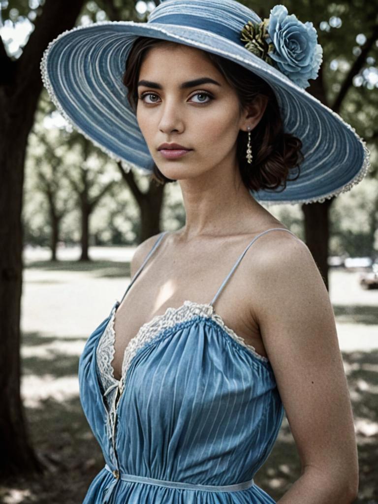 Elegant woman in vintage blue dress with hat