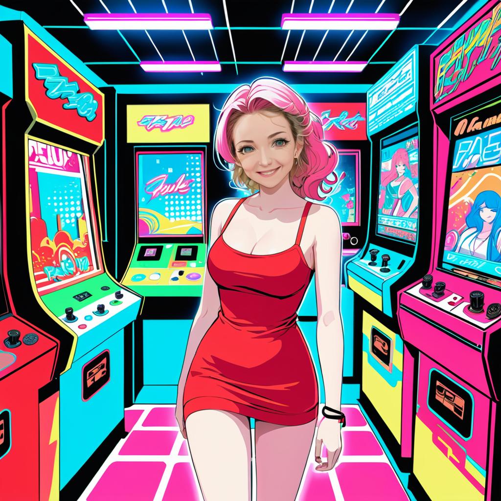 Smiling Woman in Red Dress at Colorful Arcade