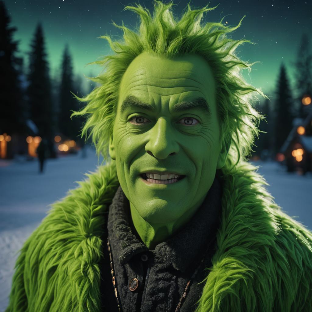 Hyper-Realistic Green Skinned Man with Wild Hair in Winter Forest
