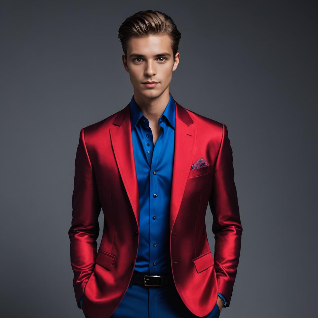 Young Man in Red Satin Suit with Blue Shirt