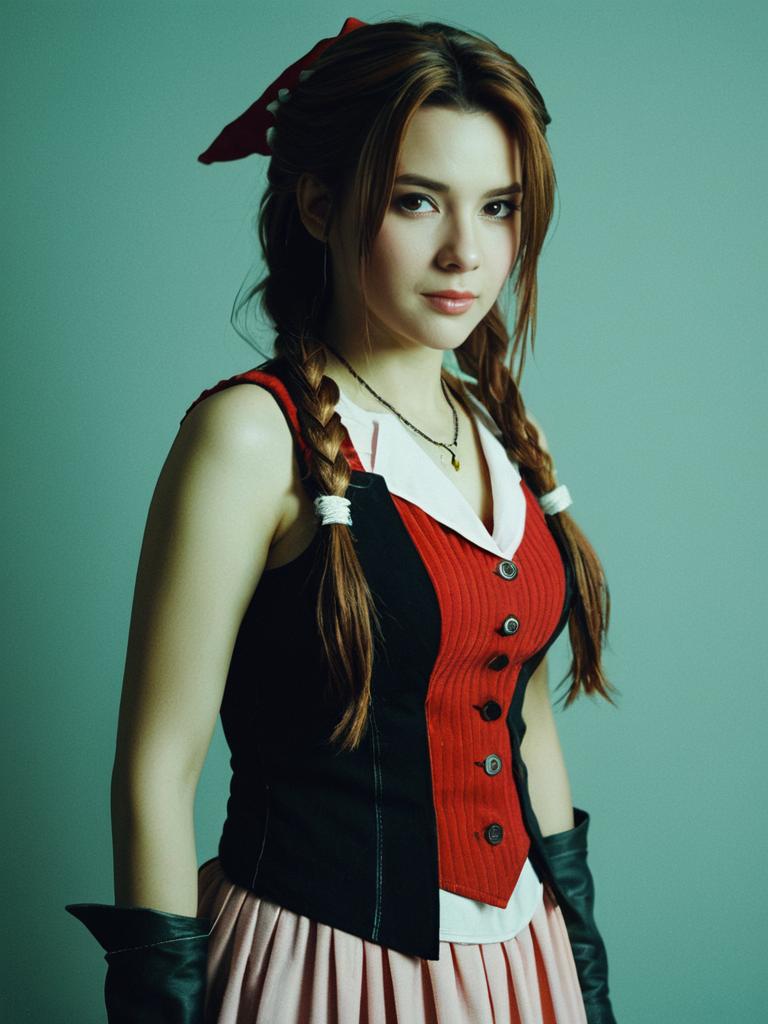 Woman in Aerith Cosplay Costume Photorealistic Studio Portrait