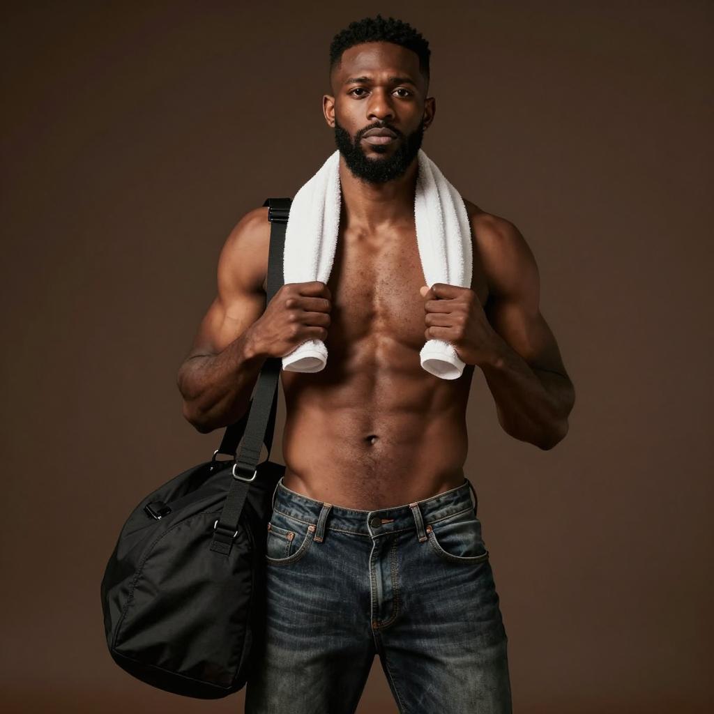 Muscular Young Man with Gym Bag and Towel on Brown Background