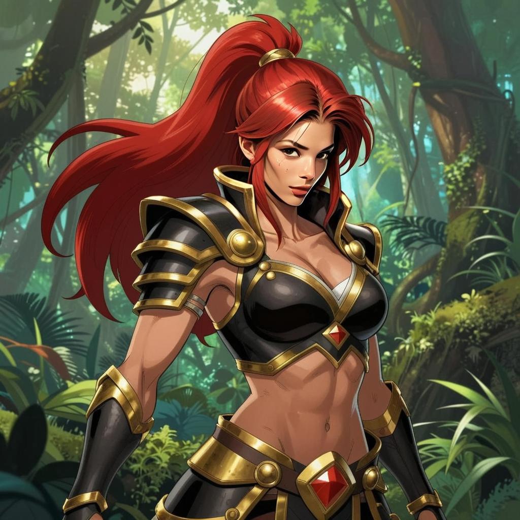 Red-Haired Woman Warrior in Black and Gold Armor in Forest Illustration