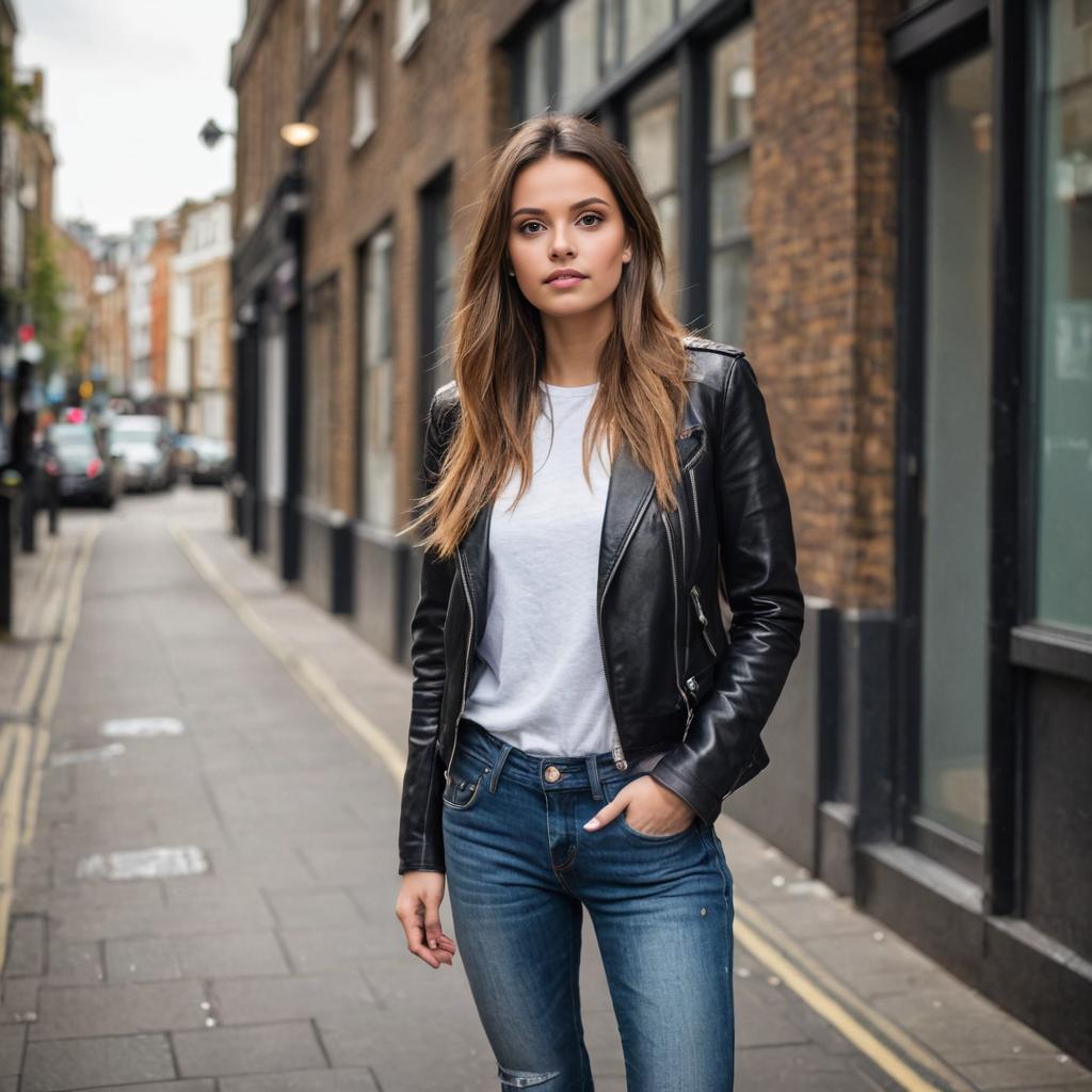 Edgy London Style: Woman in Skinny Jeans and Leather Jacket