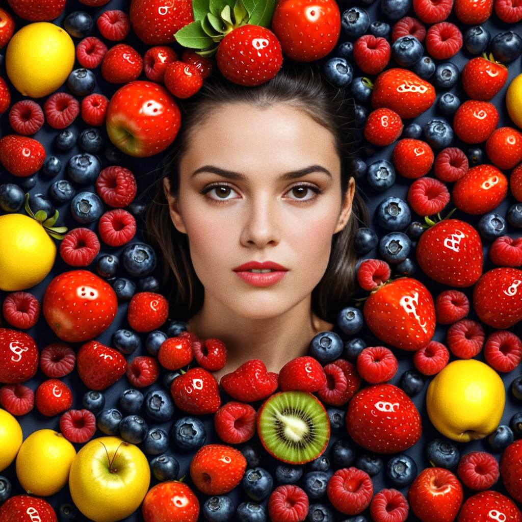 Young Woman Surrounded by Fresh Fruits