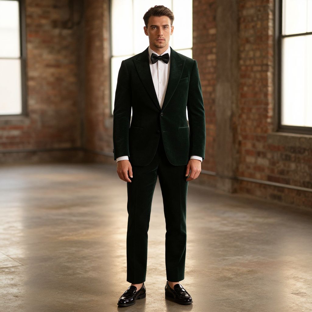 Man in Dark Green Velvet Tuxedo with Bow Tie in Industrial Room