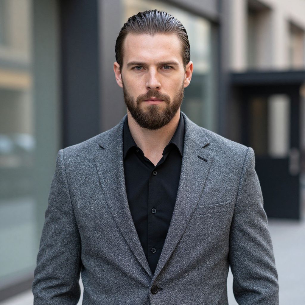 Confident Man in Grey Blazer and Black Shirt Urban Portrait