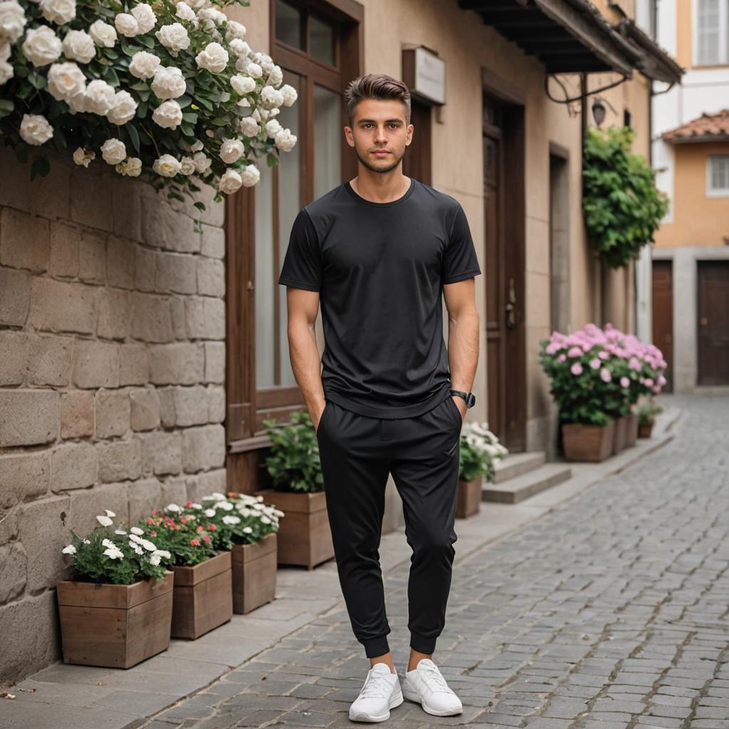 Confident man in casual black outfit on cobblestone street with flowers