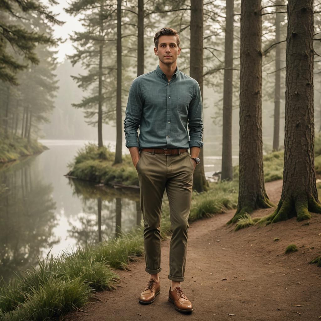 Confident Man in Serene Forest with Misty Lake