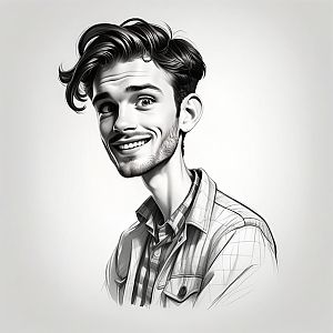 Black and White Caricature of Smiling Young Man