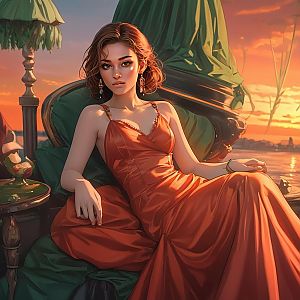 Woman in Orange Dress by Water at Sunset