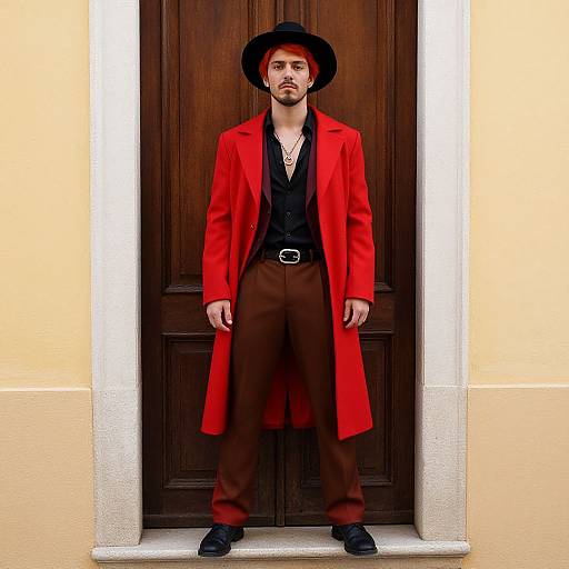 Man in Red Overcoat and Black Hat Standing Against Wooden Door