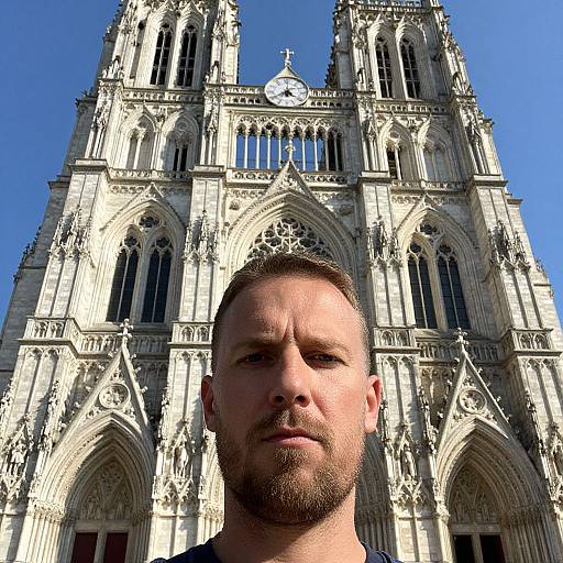 Man Standing in Front of Gothic Cathedral with Blue Sky