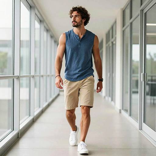 Young Man Walking in Modern Corridor Wearing Casual Summer Outfit