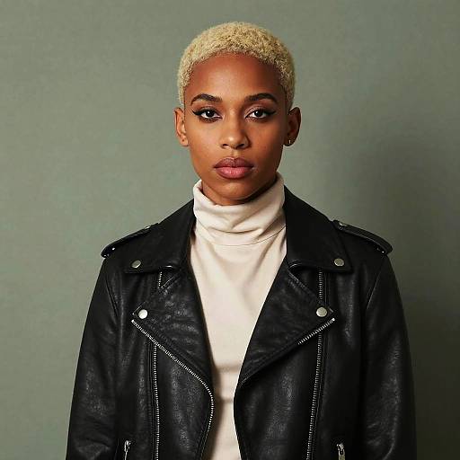 Confident Young Woman in Black Leather Jacket and White Turtleneck - Gen Z Style Portrait