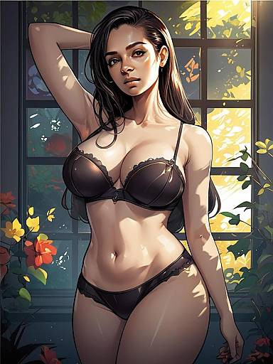 Digital Illustration of a Woman in Black Lingerie by Window with Flowers