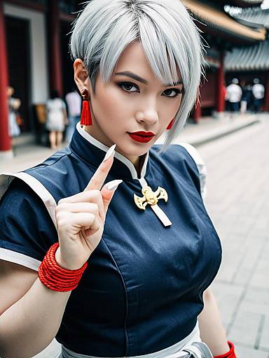 Street Fighter Inspired Woman with Silver Hair and Red Accessories in Traditional Setting