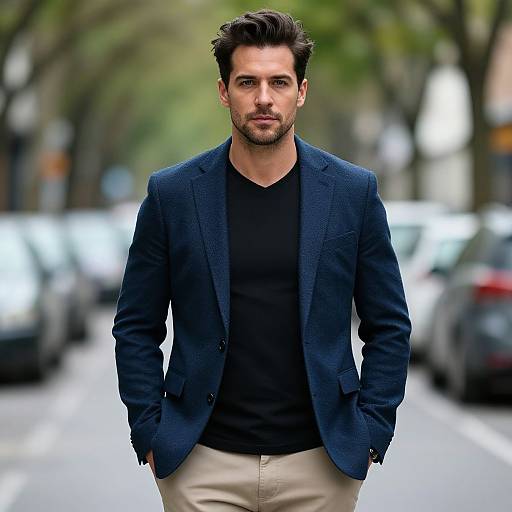 Confident Man in Navy Blazer on City Street