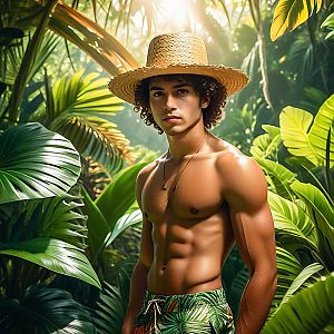Muscular Man in Tropical Foliage