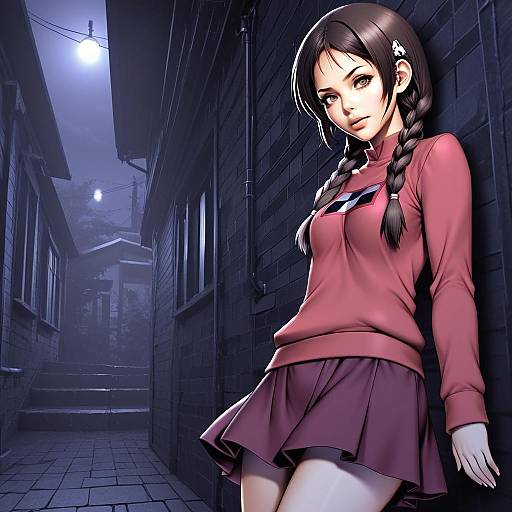 Dark Alley Digital Illustration of Young Woman in Red Outfit