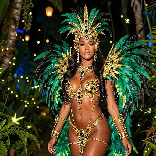 Woman in Green and Gold Feathered Carnival Costume with Blue Gemstones