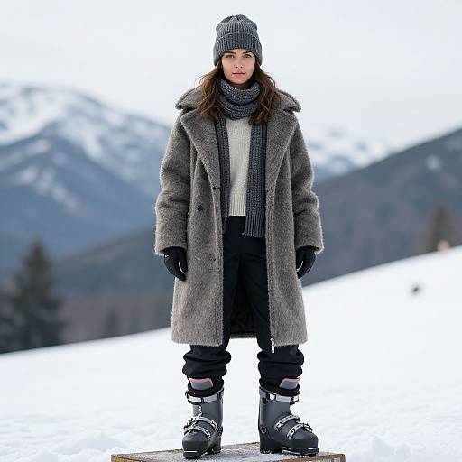 Woman Wearing Winter Ski Outfit Standing on Snowy Mountain Slope