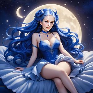 Fantasy Woman with Long Blue Hair and Moonlit Night Digital Art