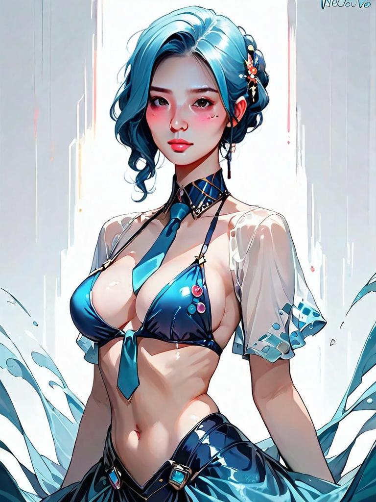 Realistic Blue-Haired Woman in Triangle Bikini and Spandex Outfit