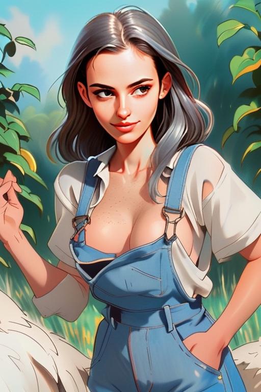 Anime Style Portrait of Young Woman in Denim Overalls Outdoors
