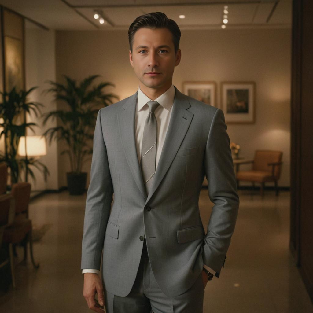 Confident Man in Gray Suit in Modern Artistic Room