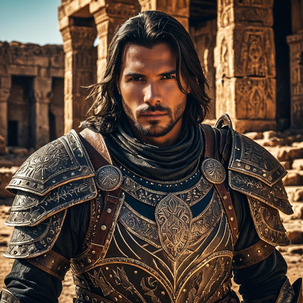 Medieval Warrior in Detailed Armor at Ancient Ruins