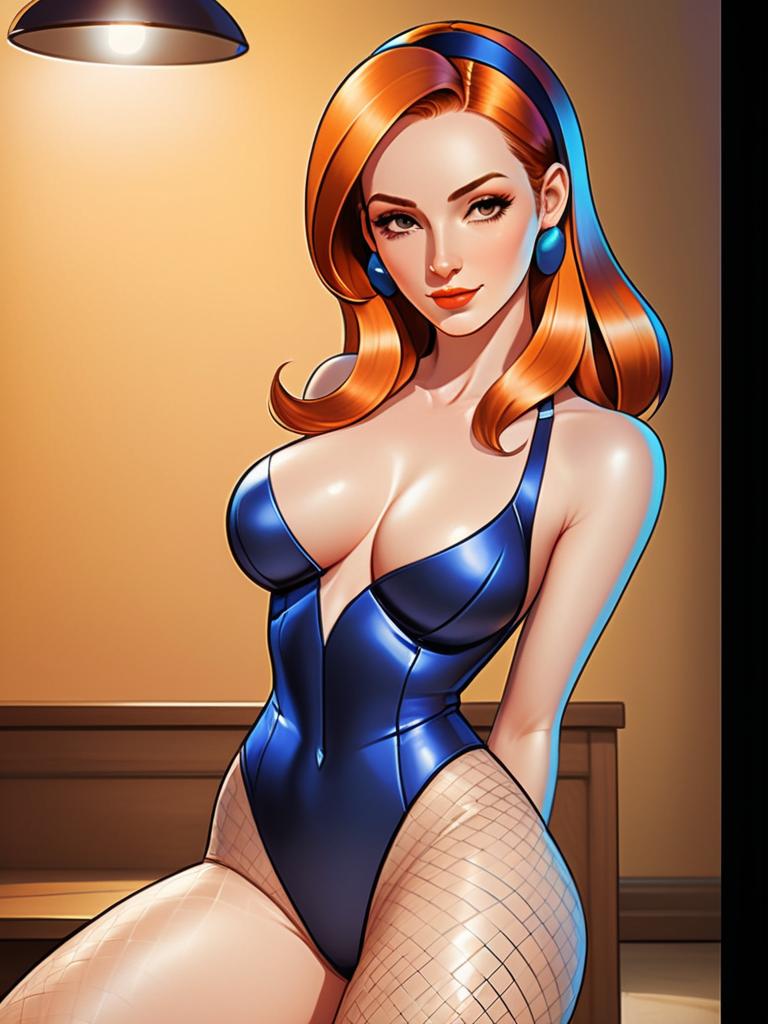 Stylish Red-Haired Woman in Blue Bodysuit Digital Artwork