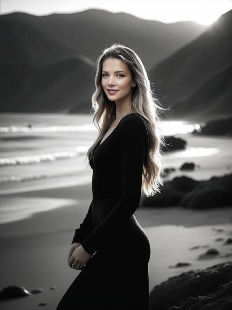 Woman on Beach with Coastal Mountains - Black and White