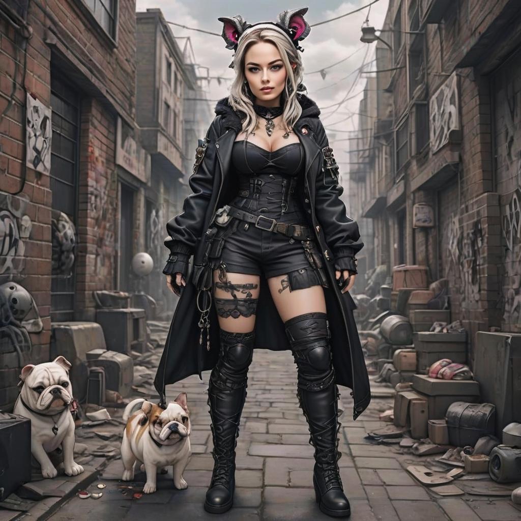 Confident Woman in Gothic Streetwear with Bulldogs