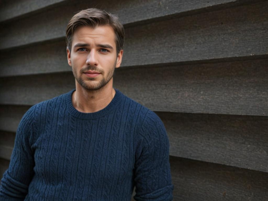 Thoughtful Man in Blue Sweater Against Modern Architecture