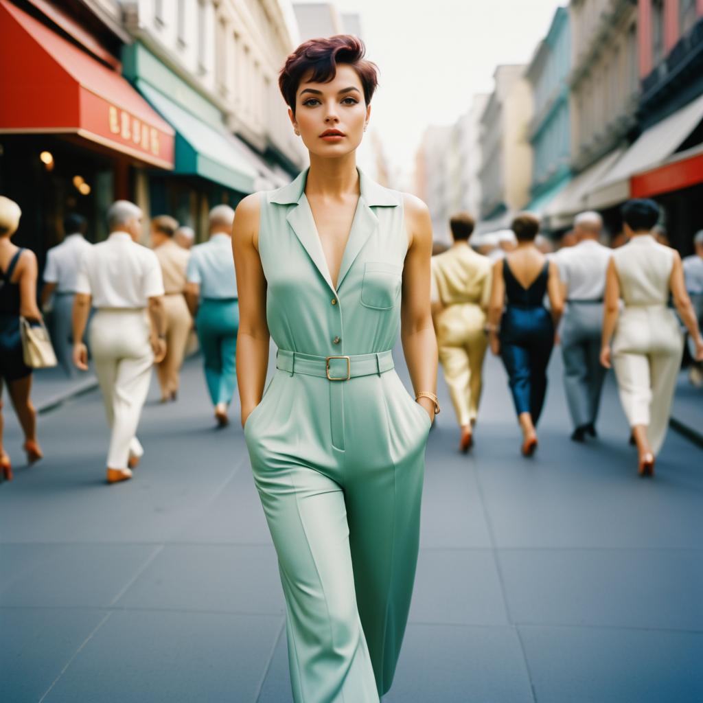 Chic Woman in Mint Green Jumpsuit on Bustling Street